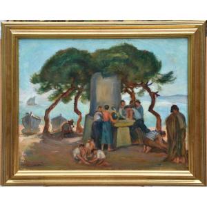 Willem Paerels "the Fountain By The Sea" Oil On Panel 46x55